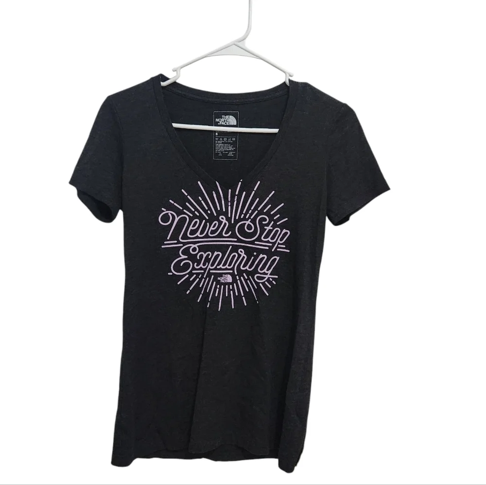 The North Face Grapic Tee TShirt Womens Sz S Black Heather Never Stop Exploring - Picture 1 of 4